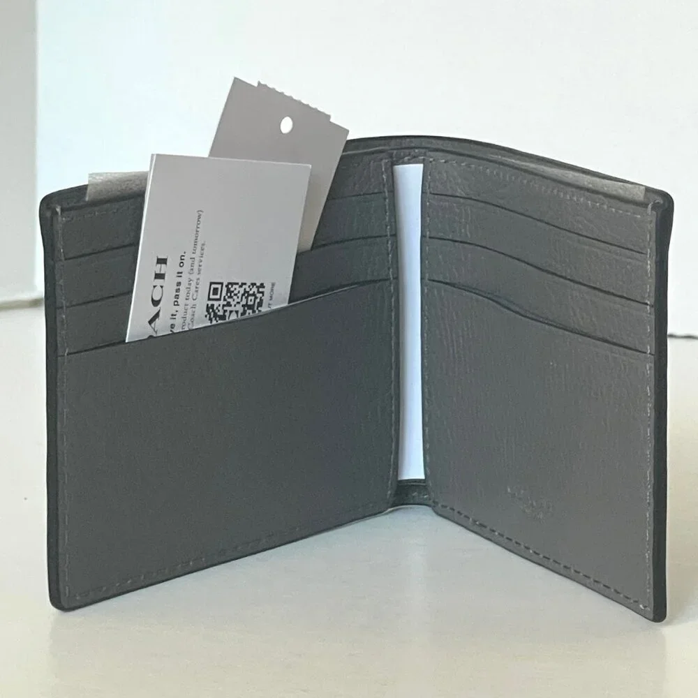 Coach Slim Billfold Wallet Charcoal Gray Graphic Pebbled Leather Mens CZ062